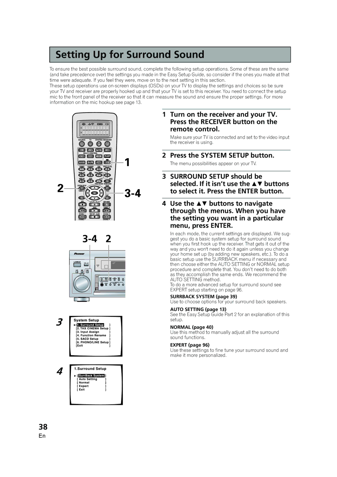 Pioneer VSX-AX5i-G manual SettingDisplays & ControlsUp for Sound, Surrback System, Auto Setting, Normal, Expert 