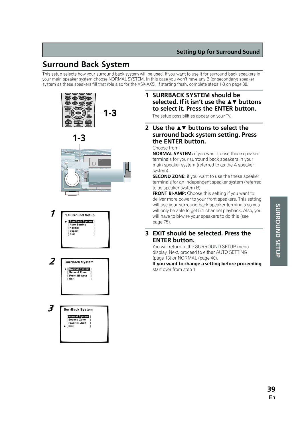 Pioneer VSX-AX5i-G manual Surround Back System, Exit should be selected. Press the Enter button 