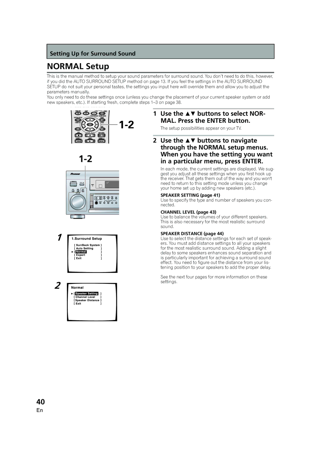 Pioneer VSX-AX5i-G manual Normal Setup, Speaker Setting, Channel Level, Speaker Distance 