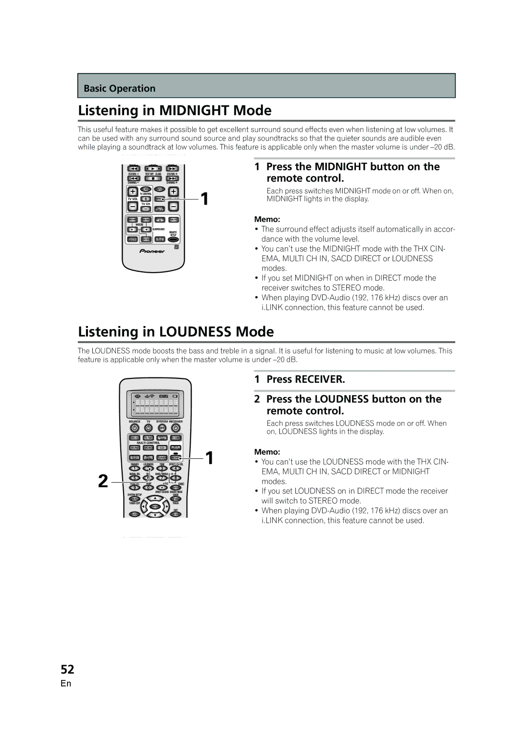 Pioneer VSX-AX5i-G Listening in Midnight Mode, Listening in Loudness Mode, Press the Midnight button on the remote control 