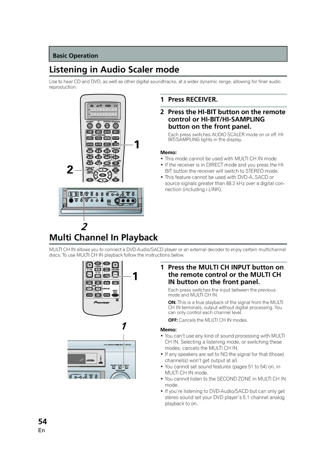 Pioneer VSX-AX5i-G manual Listening in Audio Scaler mode, Multi Channel In Playback 