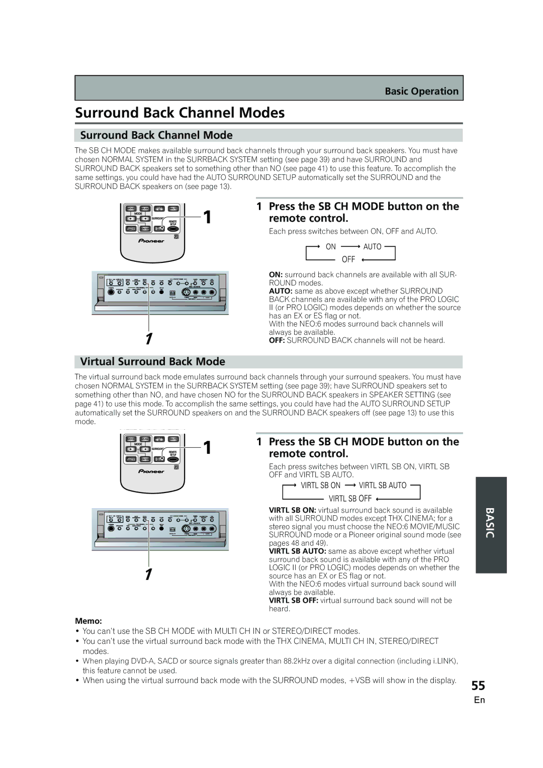 Pioneer VSX-AX5i-G manual Surround Back Channel Modes, Press the SB CH Mode button on the remote control 