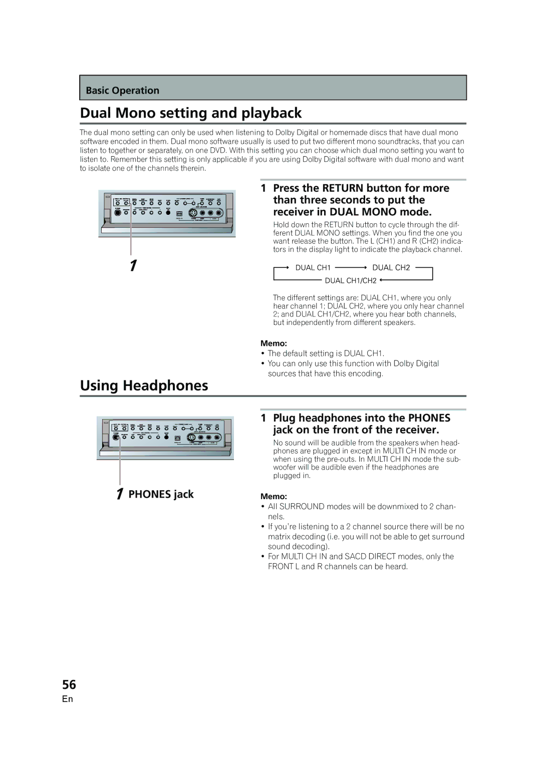 Pioneer VSX-AX5i-G manual Dual Mono setting and playback, Using Headphones, Phones jack 