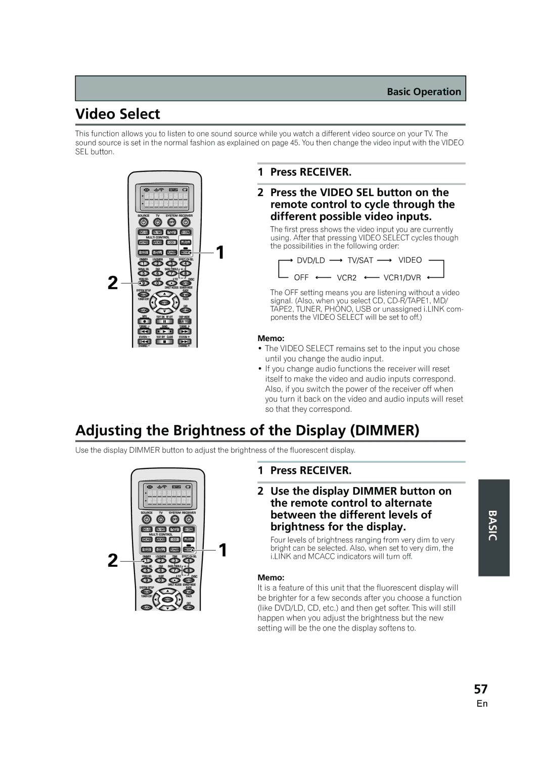 Pioneer VSX-AX5i-G manual Video Select, Adjusting the Brightness of the Display Dimmer 