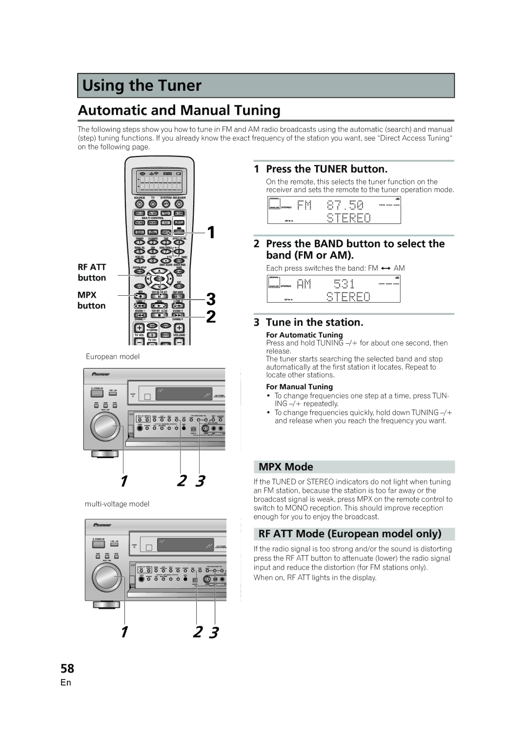 Pioneer VSX-AX5i-G manual Automatic and Manual Tuning 