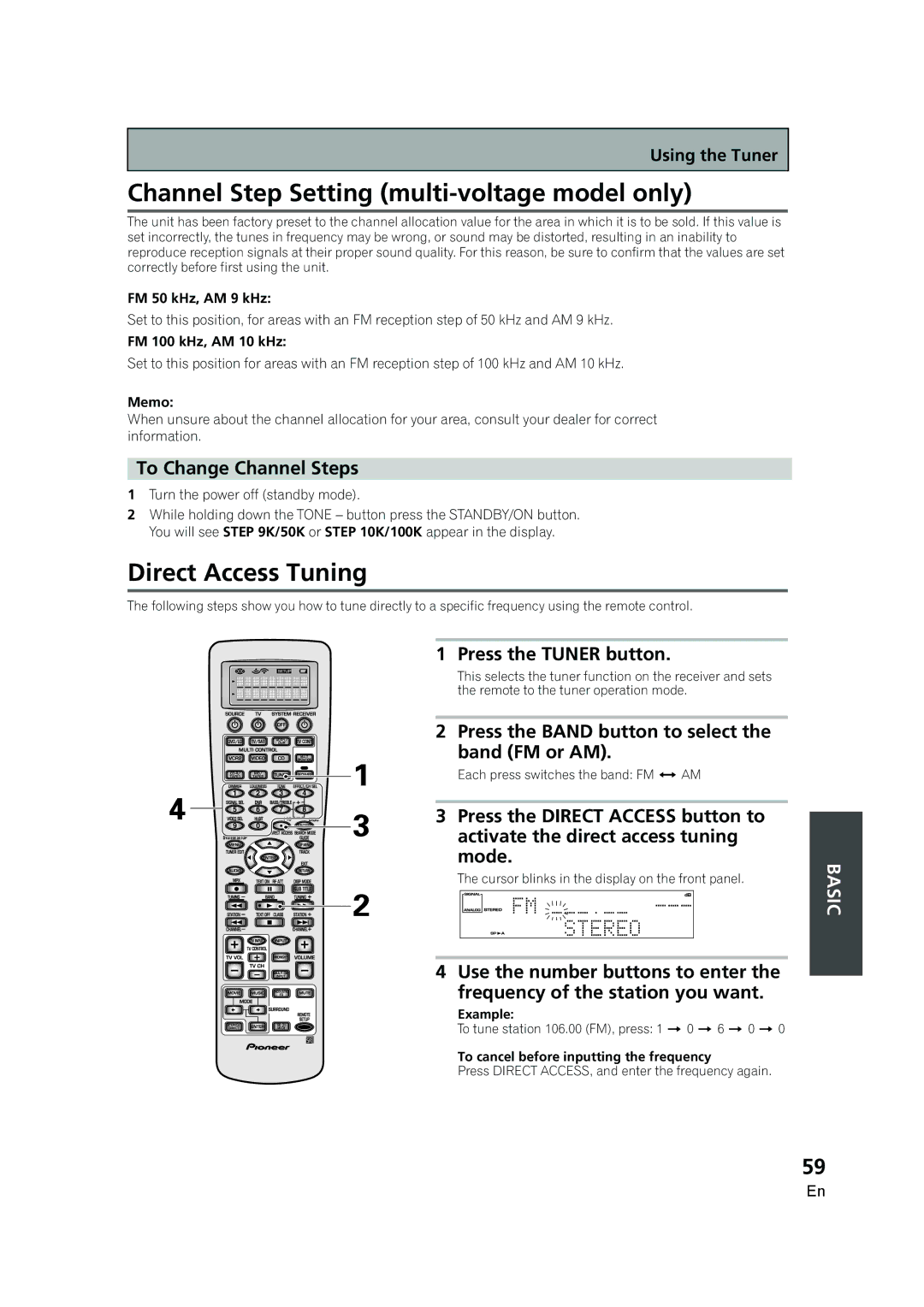 Pioneer VSX-AX5i-G Channel Step Setting multi-voltage model only, Direct Access Tuning, To Change Channel Steps, Example 