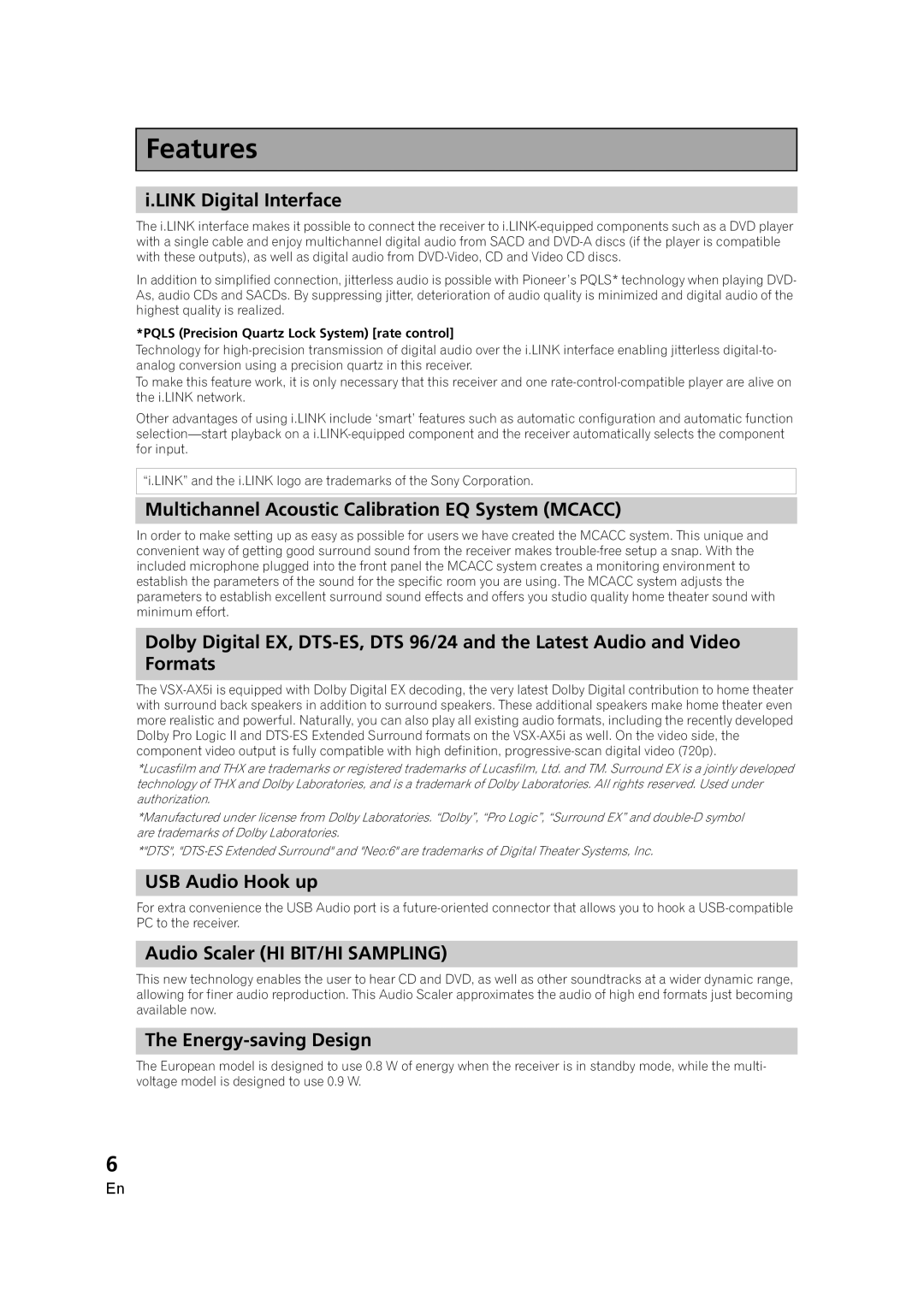 Pioneer VSX-AX5i-G manual Link Digital Interface, Multichannel Acoustic Calibration EQ System Mcacc, USB Audio Hook up 