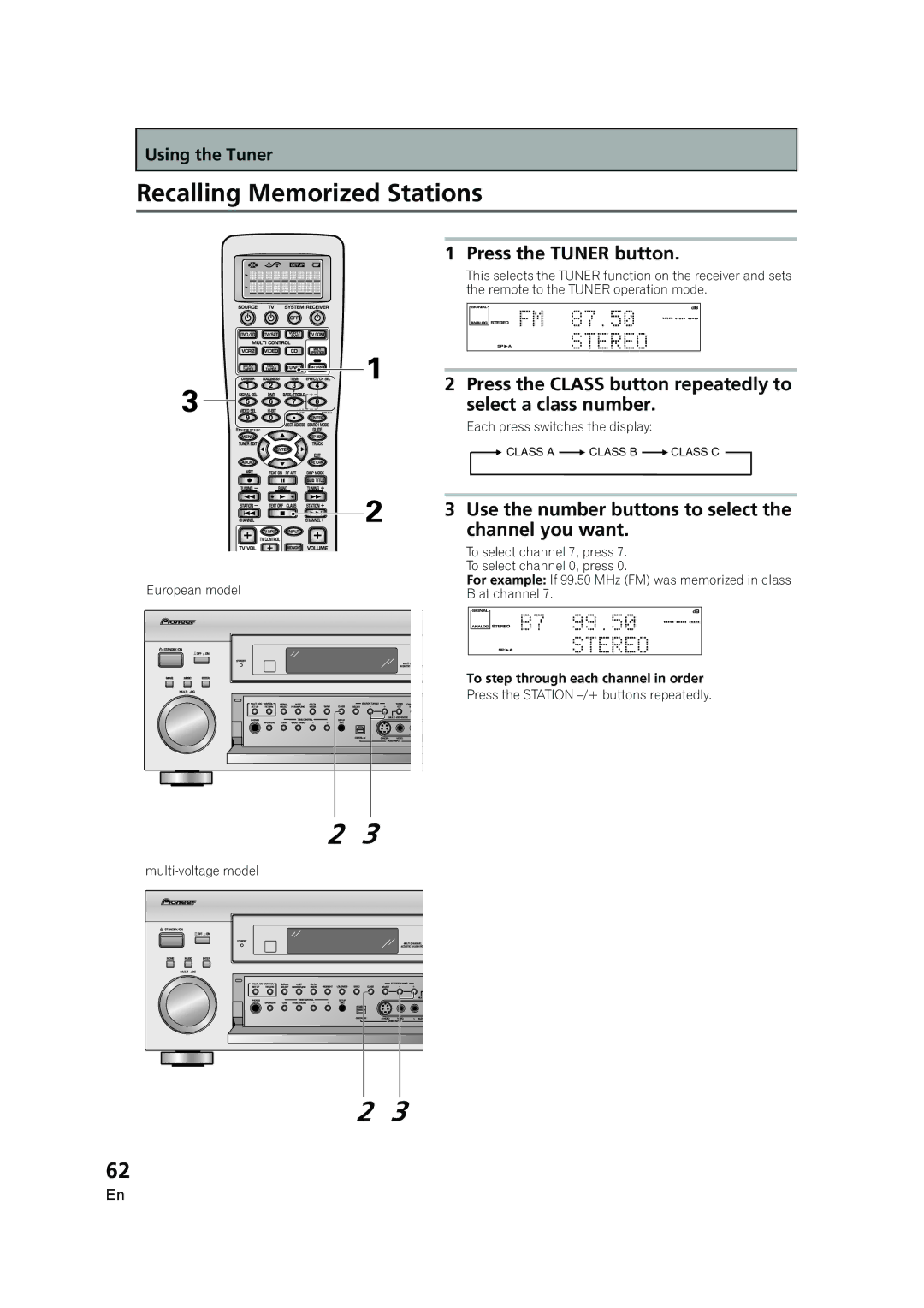 Pioneer VSX-AX5i-G manual Recalling Memorized Stations, Select a class number, Channel you want 