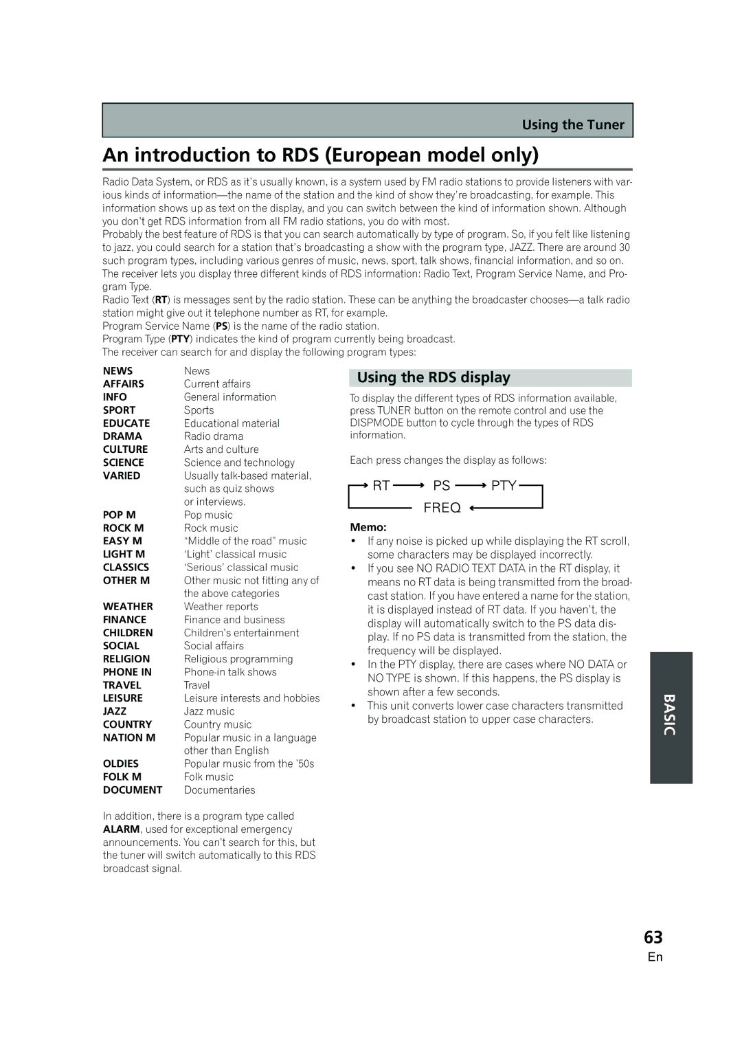 Pioneer VSX-AX5i-G manual An introduction to RDS European model only, Using the RDS display 