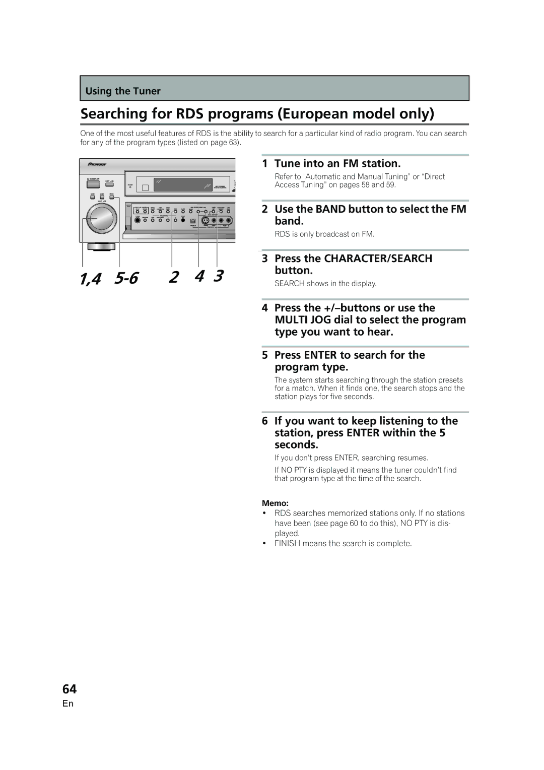 Pioneer VSX-AX5i-G manual Searching for RDS programs European model only, Tune into an FM station 