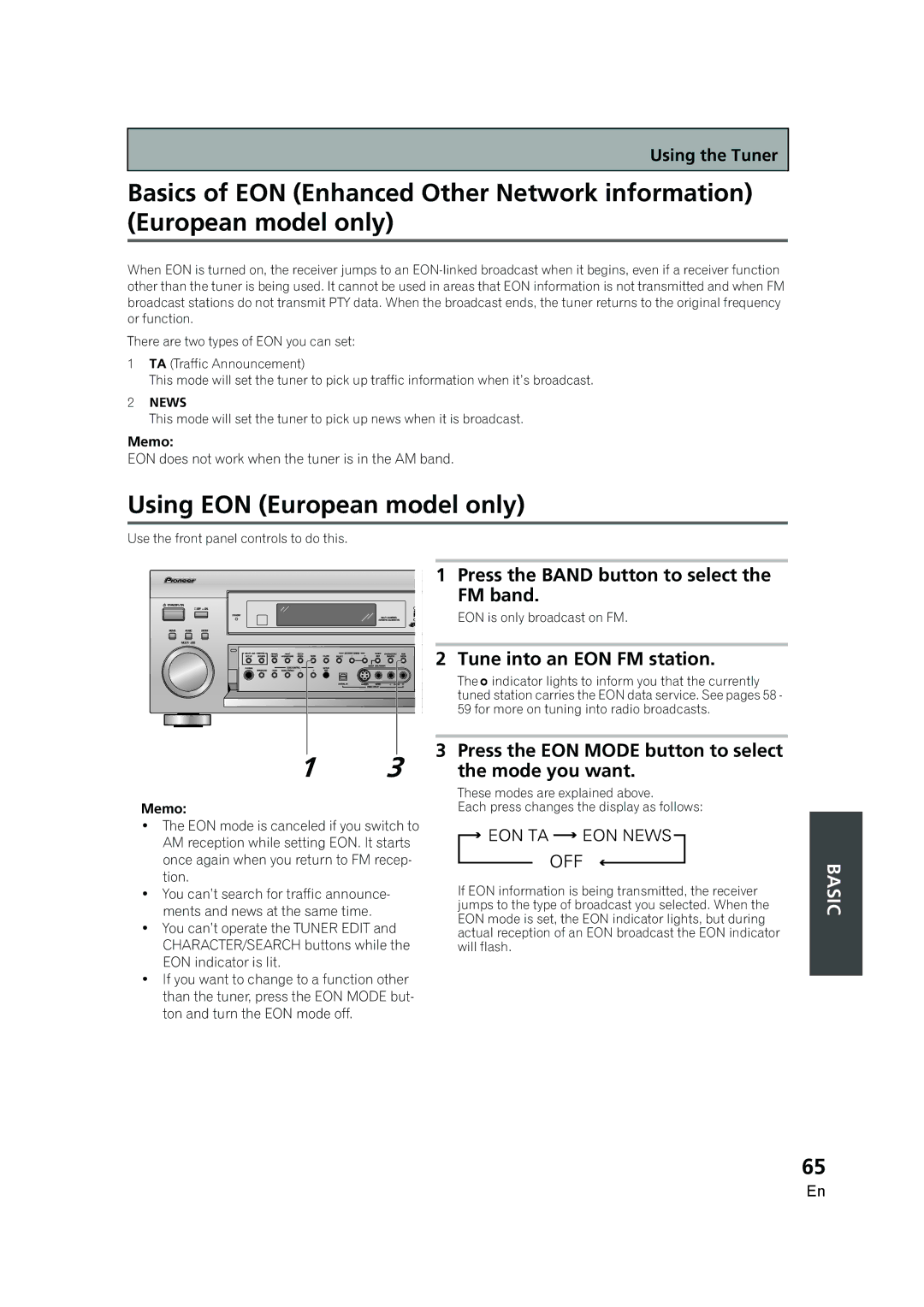 Pioneer VSX-AX5i-G Using EON European model only, Press the Band button to select, FM band, Tune into an EON FM station 