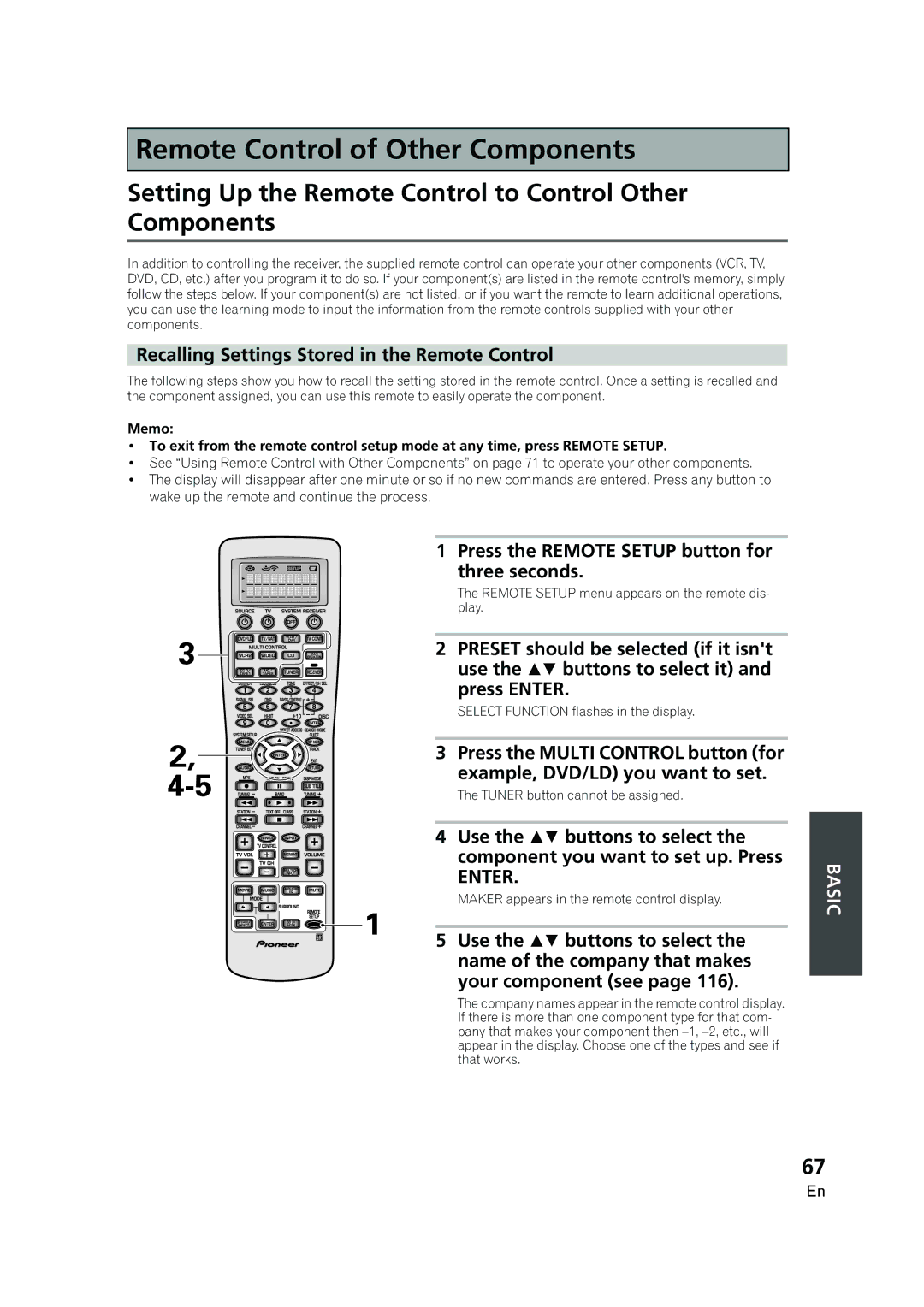 Pioneer VSX-AX5i-G manual Setting Up the Remote Control to Control Other Components 