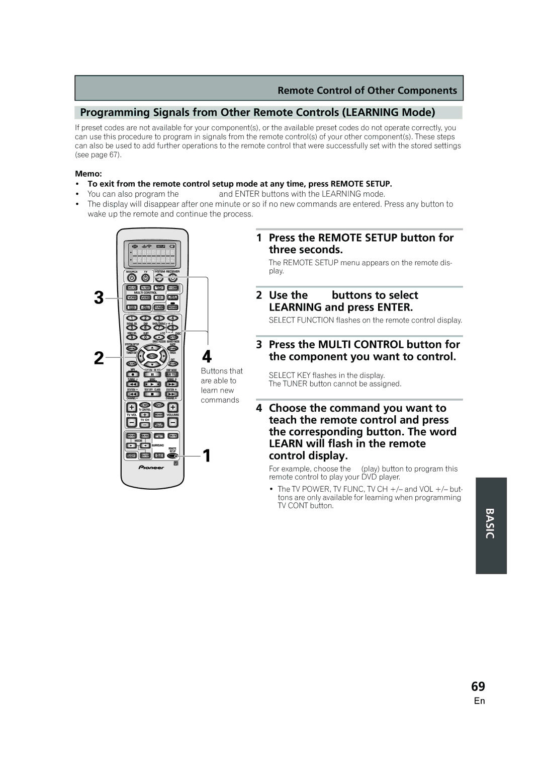 Pioneer VSX-AX5i-G manual Programming Signals from Other Remote Controls Learning Mode 