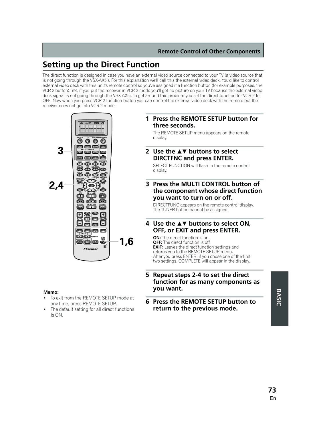 Pioneer VSX-AX5i-G manual Setting up the Direct Function, Use the  buttons to select Dirctfnc and press Enter 