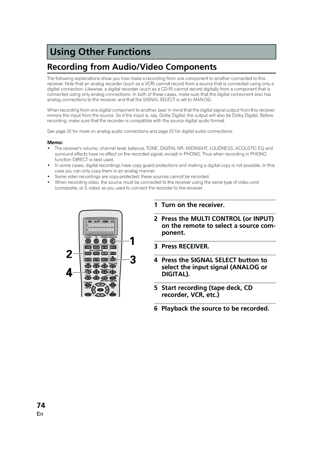 Pioneer VSX-AX5i-G manual Recording from Audio/Video Components 