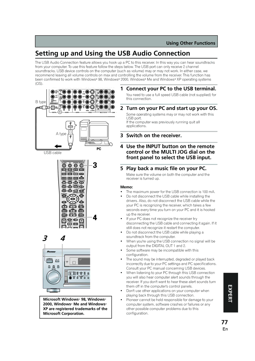 Pioneer VSX-AX5i-G manual Setting up and Using the USB Audio Connection 