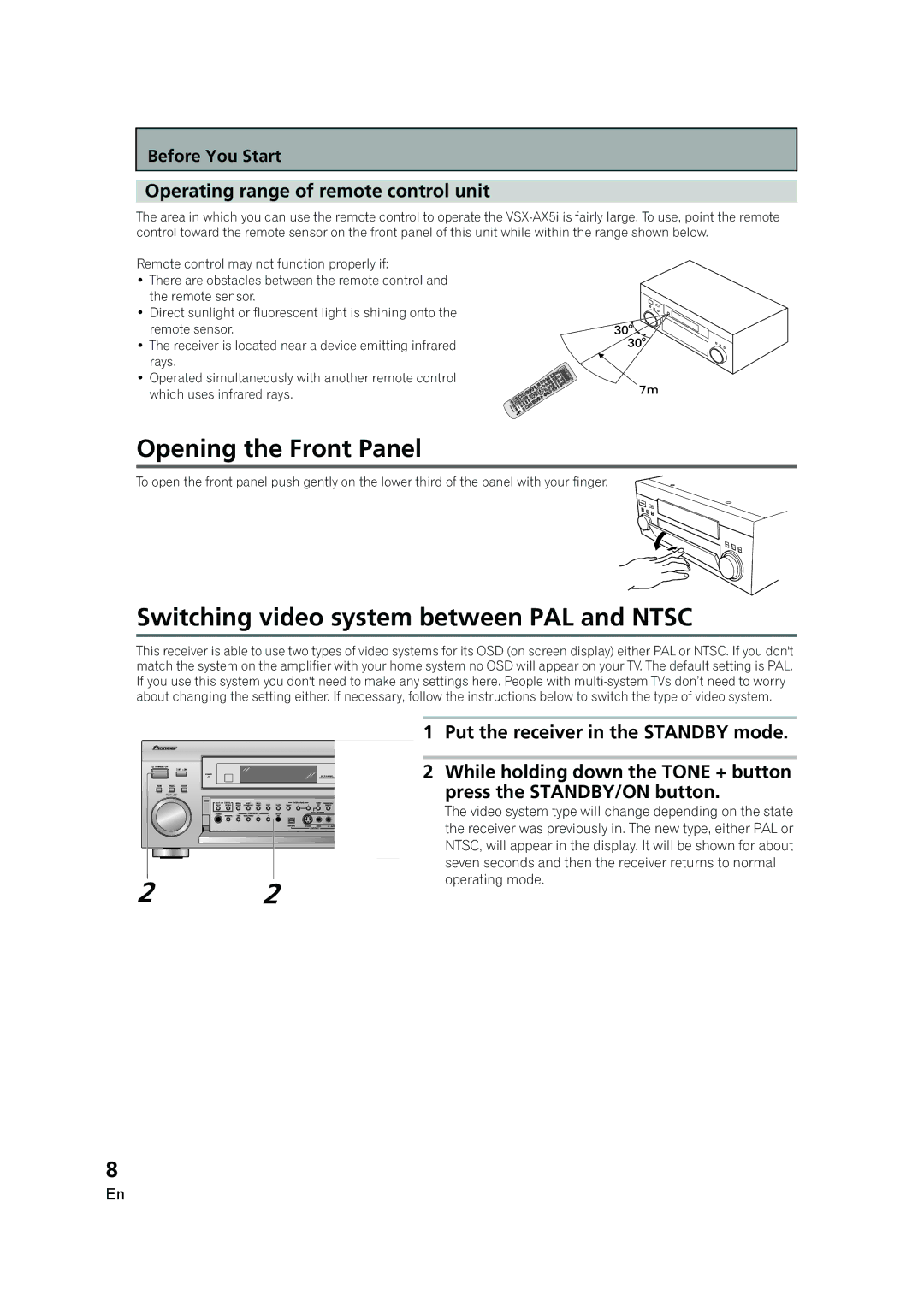 Pioneer VSX-AX5i-G manual Opening the Front Panel, Switching video system between PAL and Ntsc 