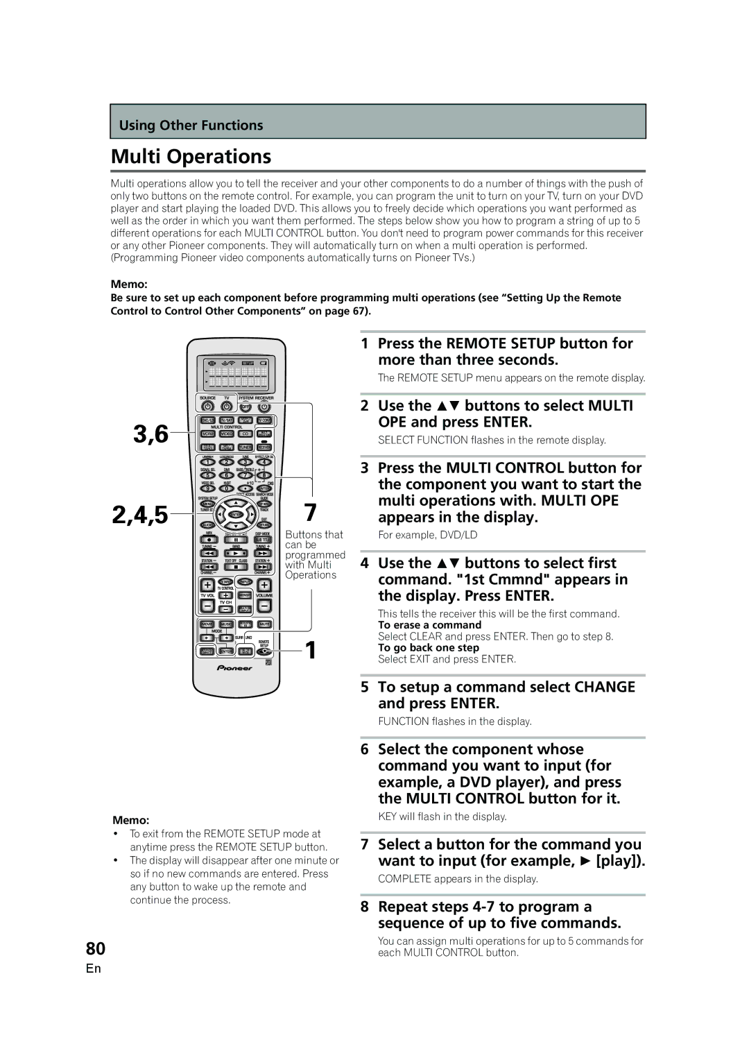 Pioneer VSX-AX5i-G manual Multi Operations, Press the Remote Setup button for more than three seconds 