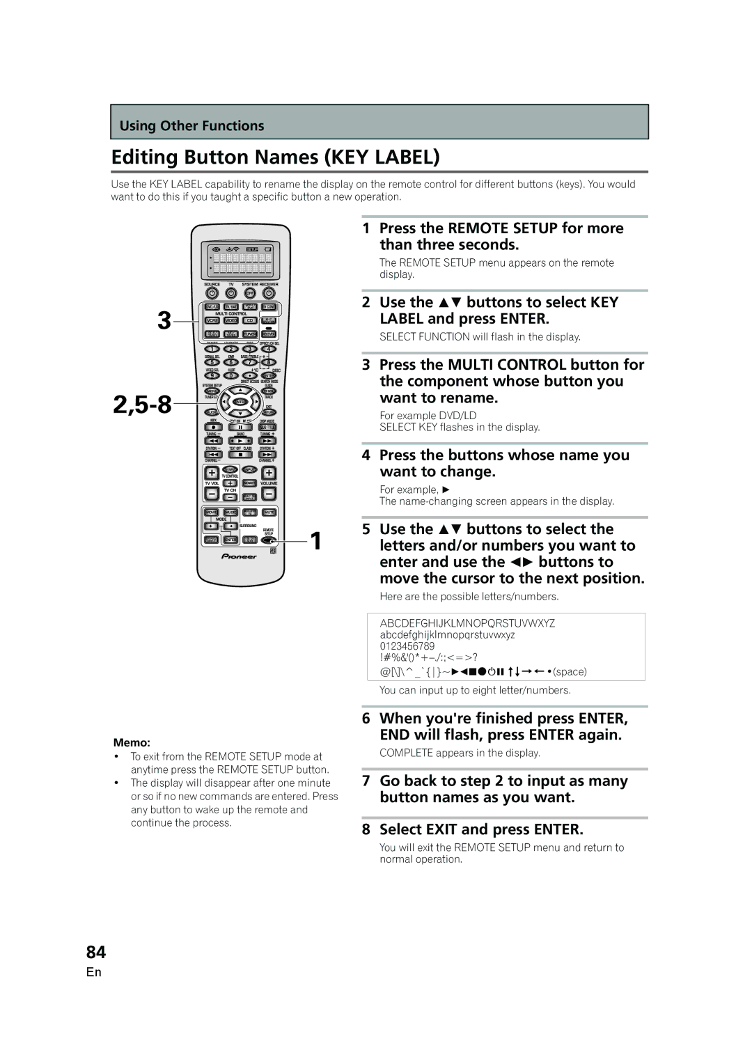 Pioneer VSX-AX5i-G manual Editing Button Names KEY Label, Use the  buttons to select KEY Label and press Enter 