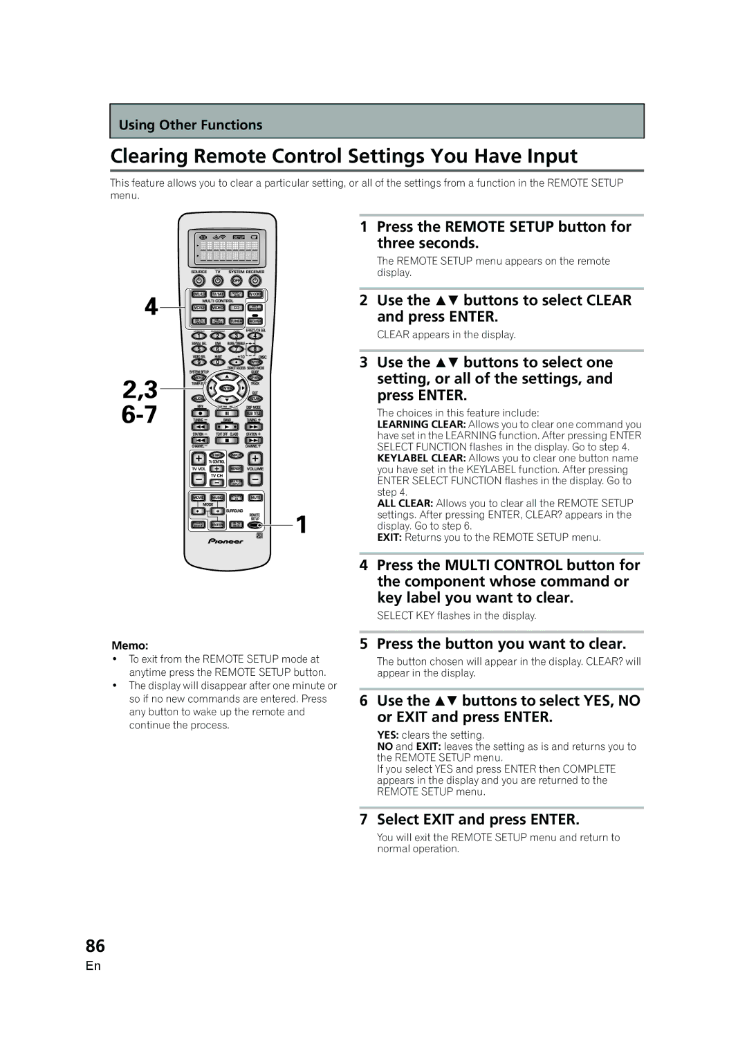 Pioneer VSX-AX5i-G Clearing Remote Control Settings You Have Input, Use the  buttons to select Clear and press Enter 