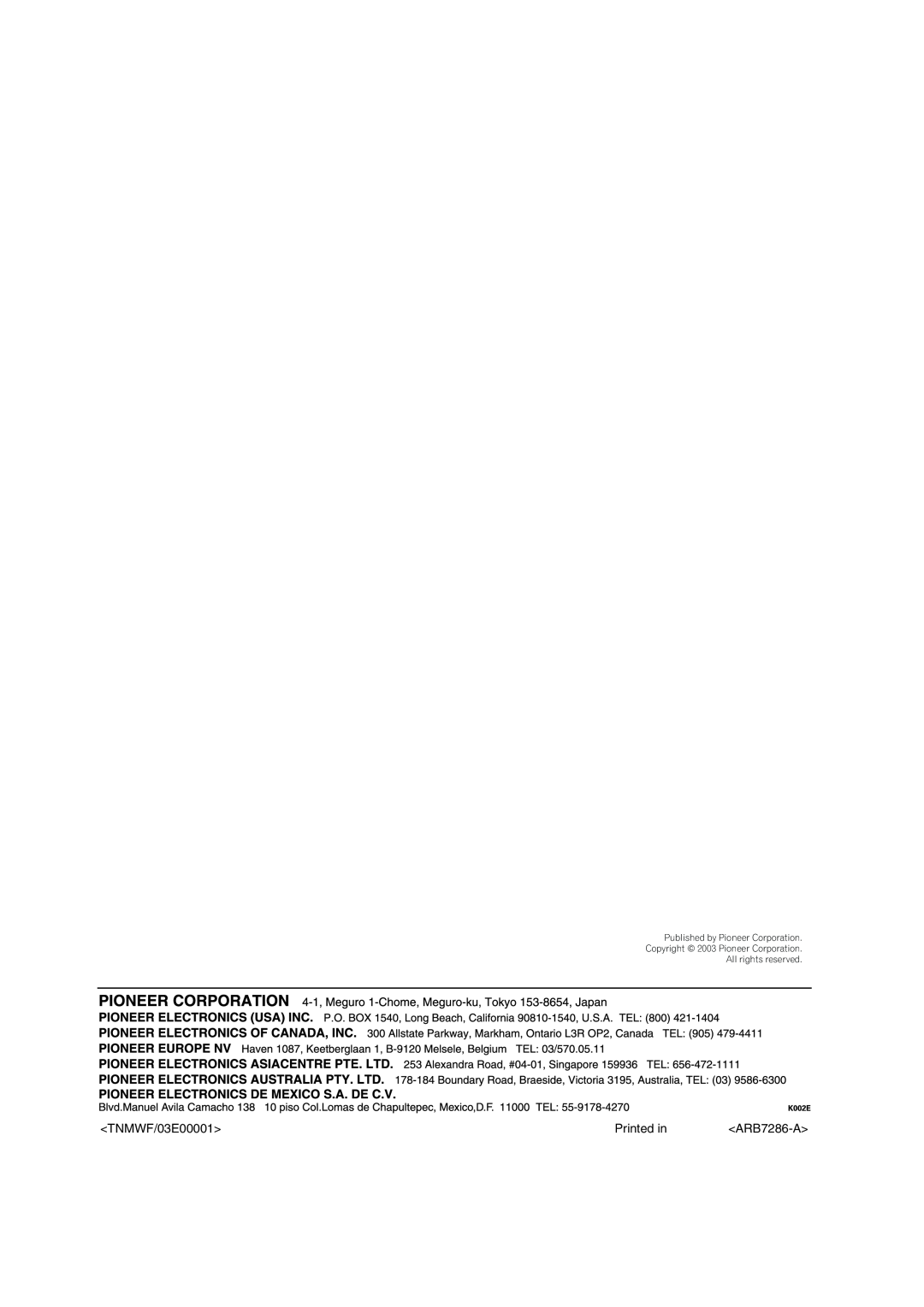 Pioneer VSX-AX5i-G manual <TNMWF/03E00001>, Printed in, ARB7286-A 