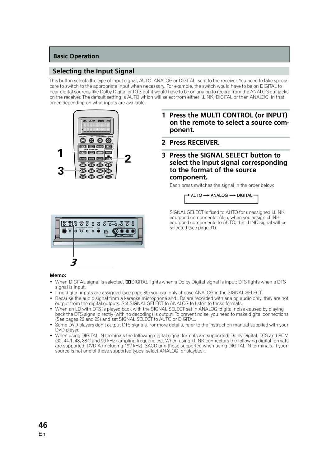 Pioneer VSX-AX5i-G manual Selecting the Input Signal, Press RECEIVER, Memo 