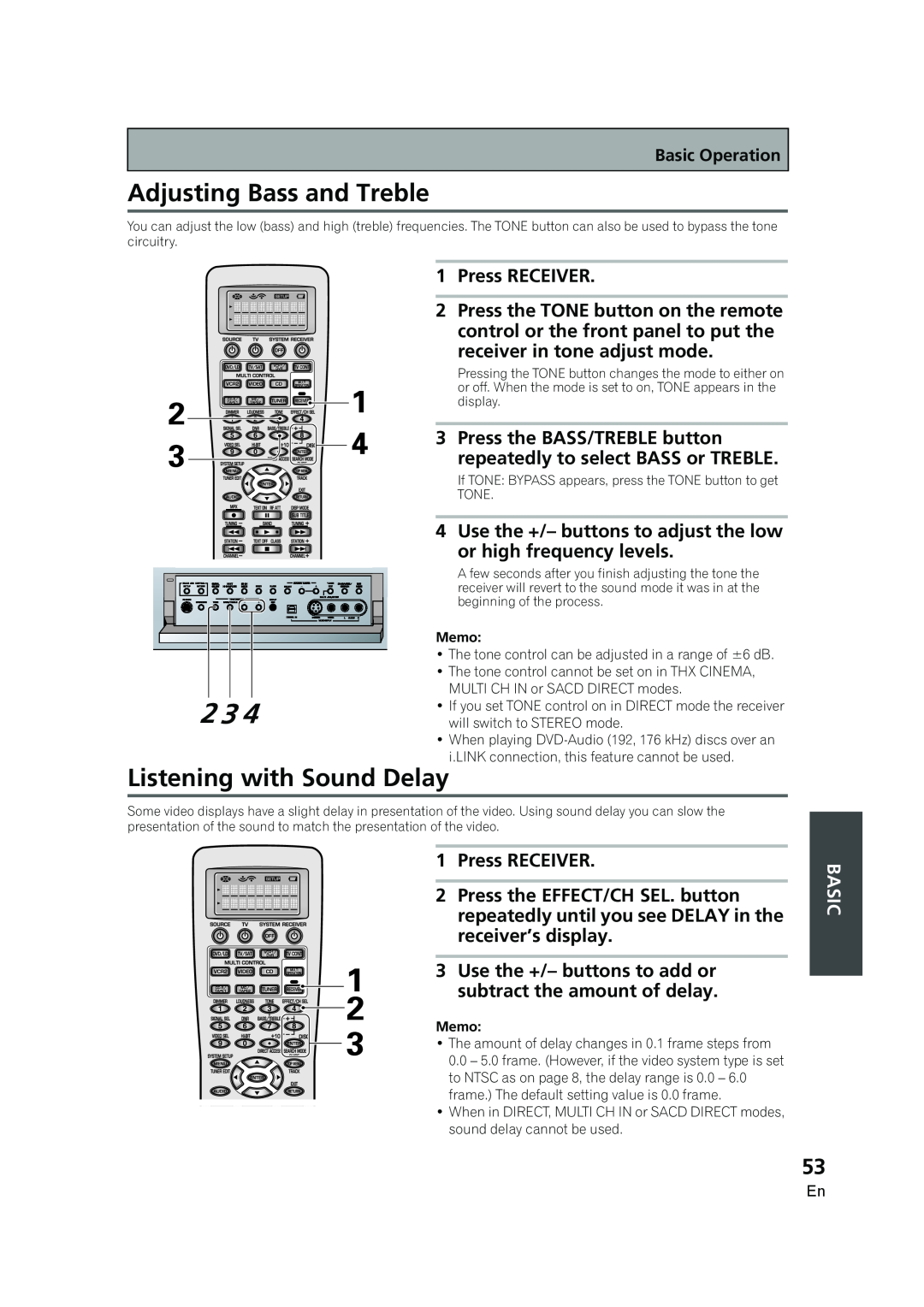 Pioneer VSX-AX5i-G manual Adjusting Bass and Treble, Listening with Sound Delay, Basic 
