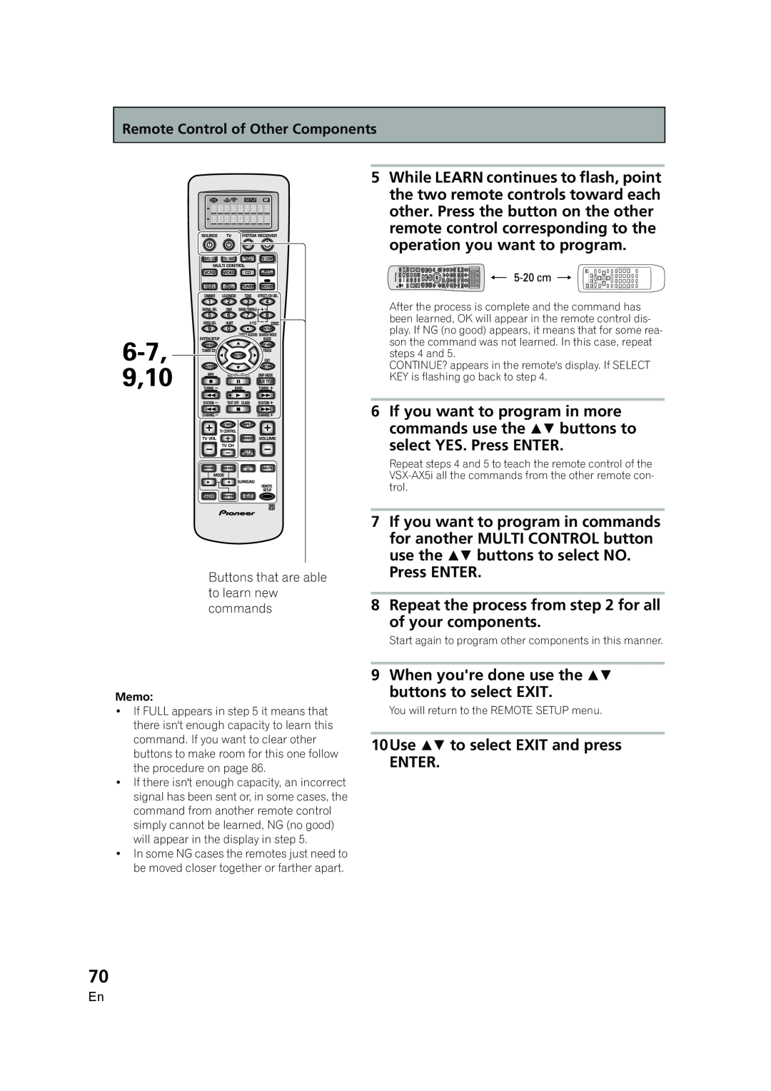 Pioneer VSX-AX5i-G manual Press ENTER, 10Use  to select EXIT and press ENTER, Remote Control of Other Components, Memo 