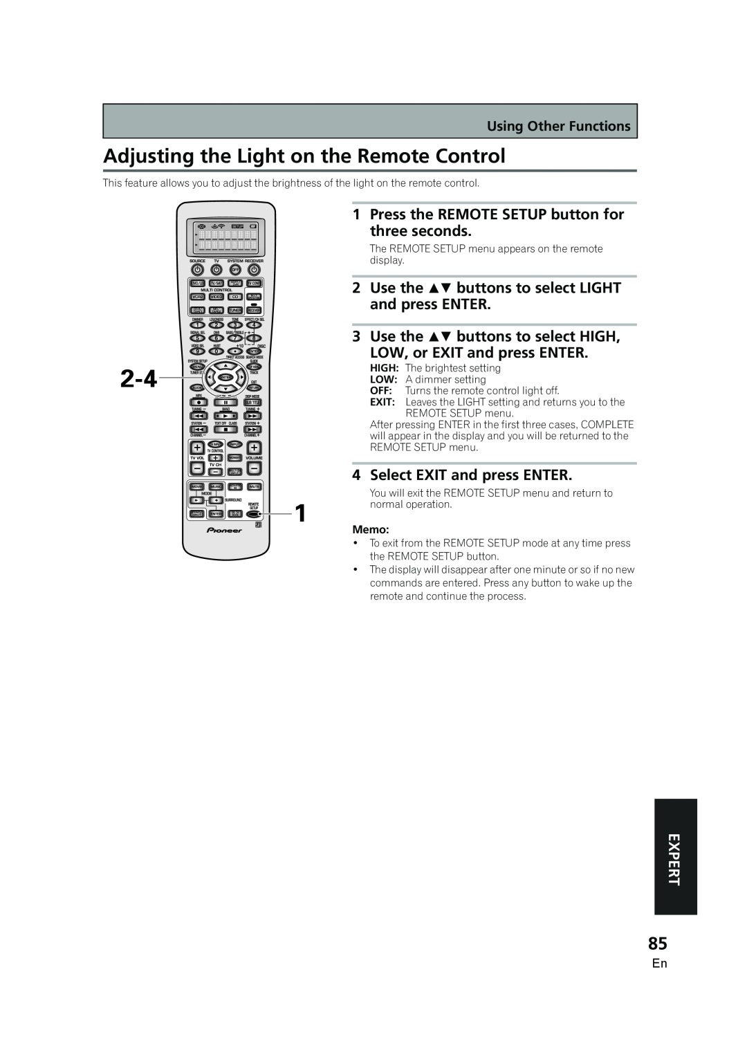 Pioneer VSX-AX5i-G Adjusting the Light on the Remote Control, Press the REMOTE SETUP button for three seconds, Expert 