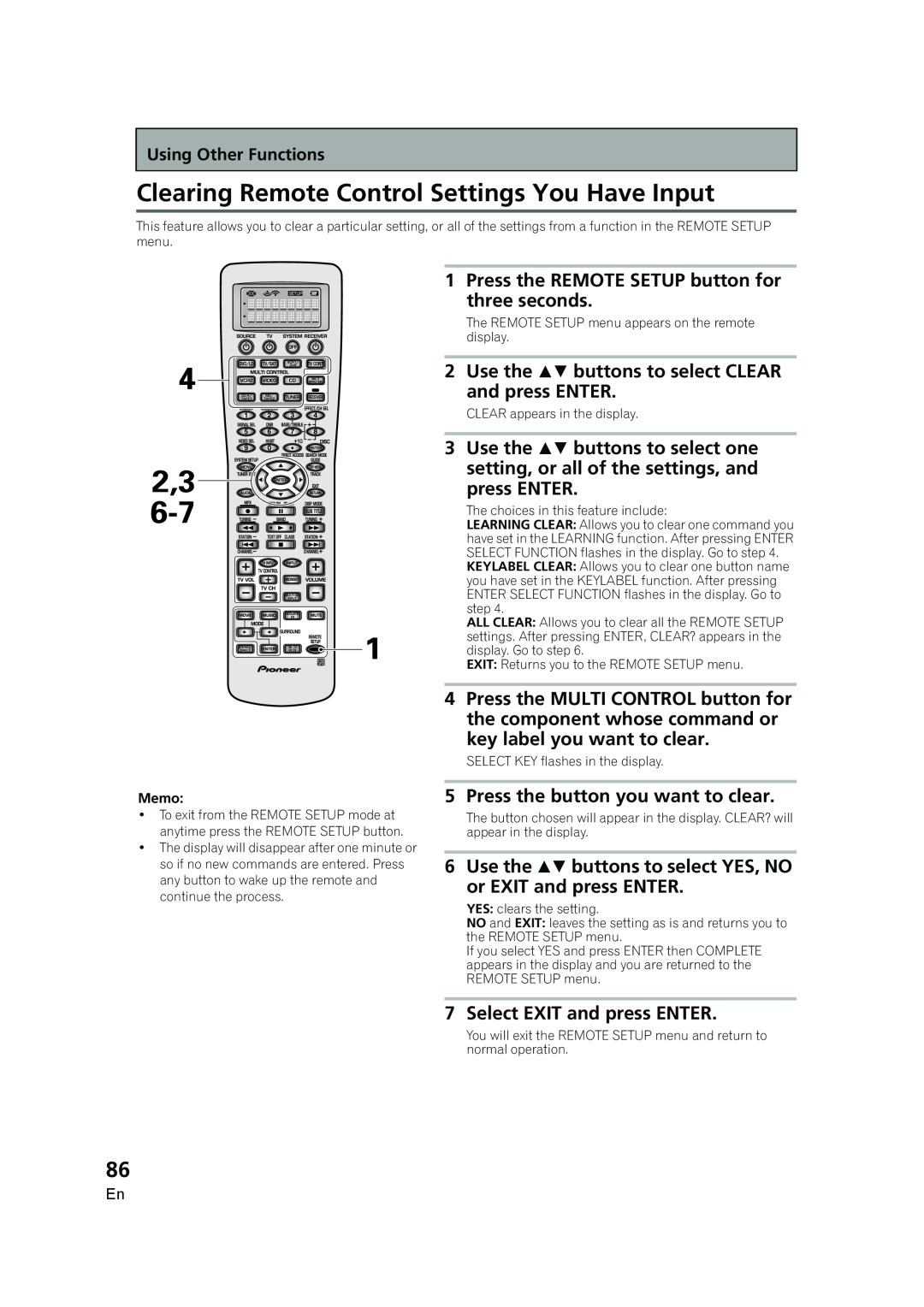 Pioneer VSX-AX5i-G manual Clearing Remote Control Settings You Have Input 