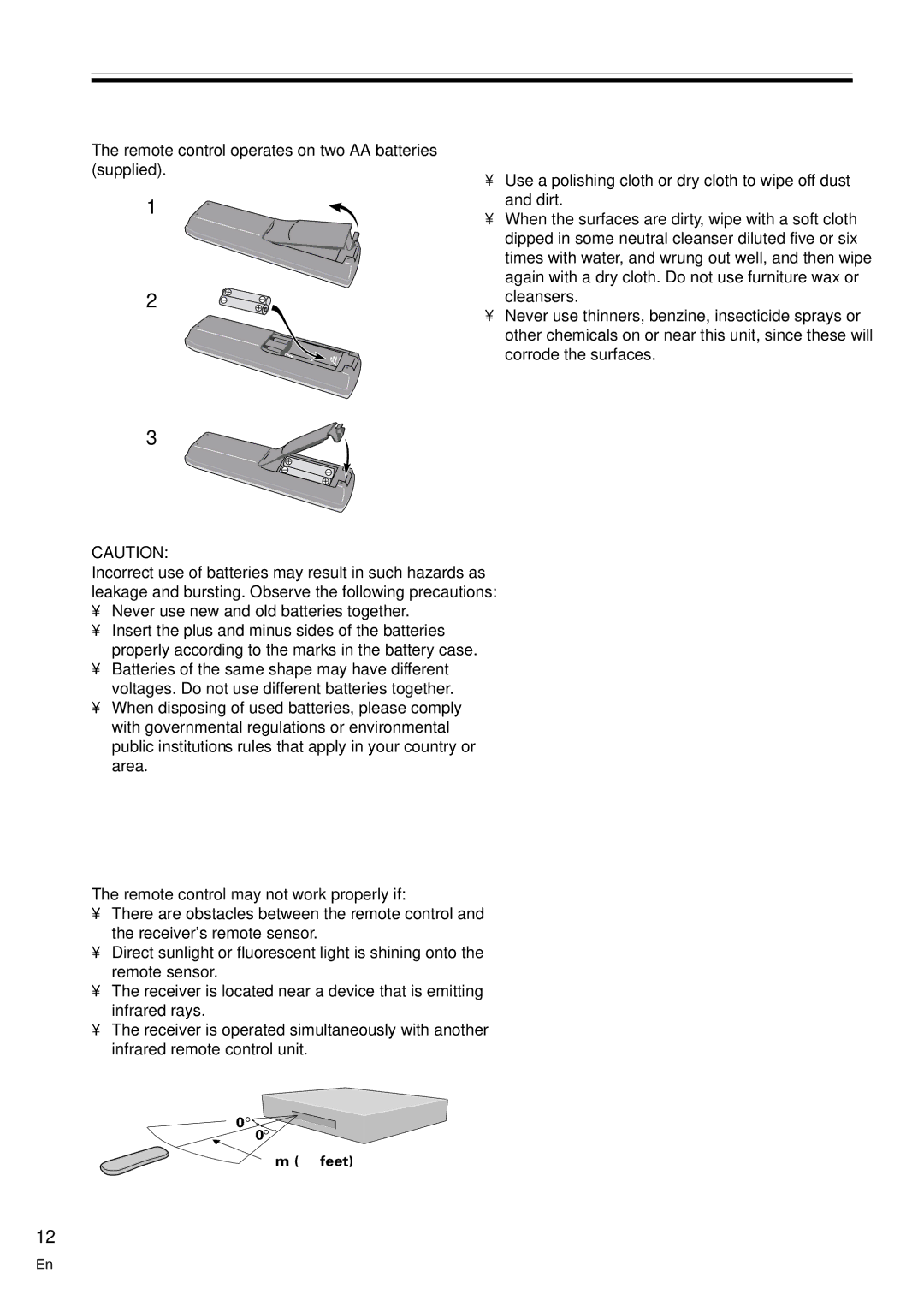 Pioneer VSX-C100-S Loading the Batteries, Operating Range Remote Control Unit, Maintenance of External Surfaces 