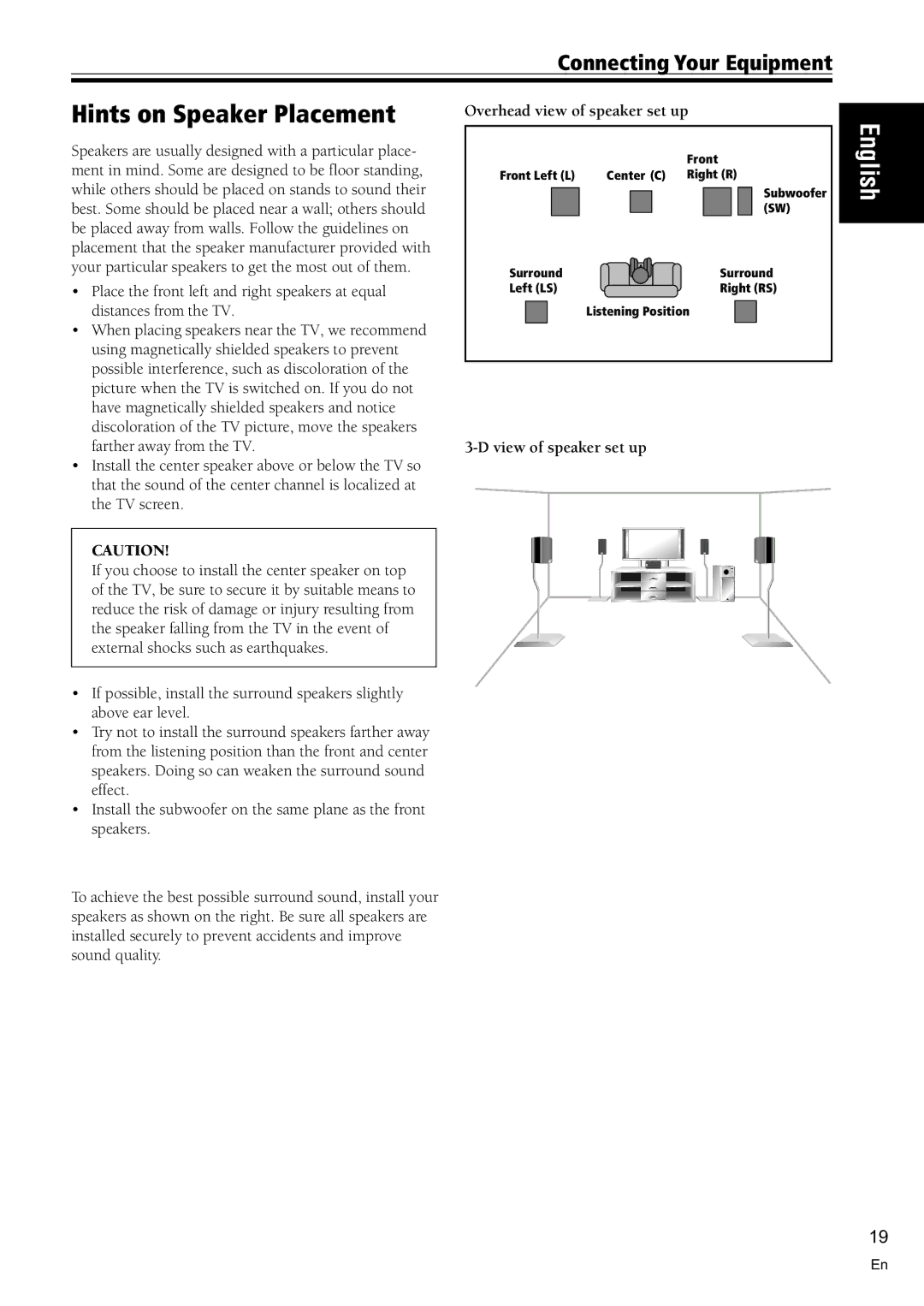 Pioneer VSX-C100-S Hints on Speaker Placement, Overhead view of speaker set up, View of speaker set up 