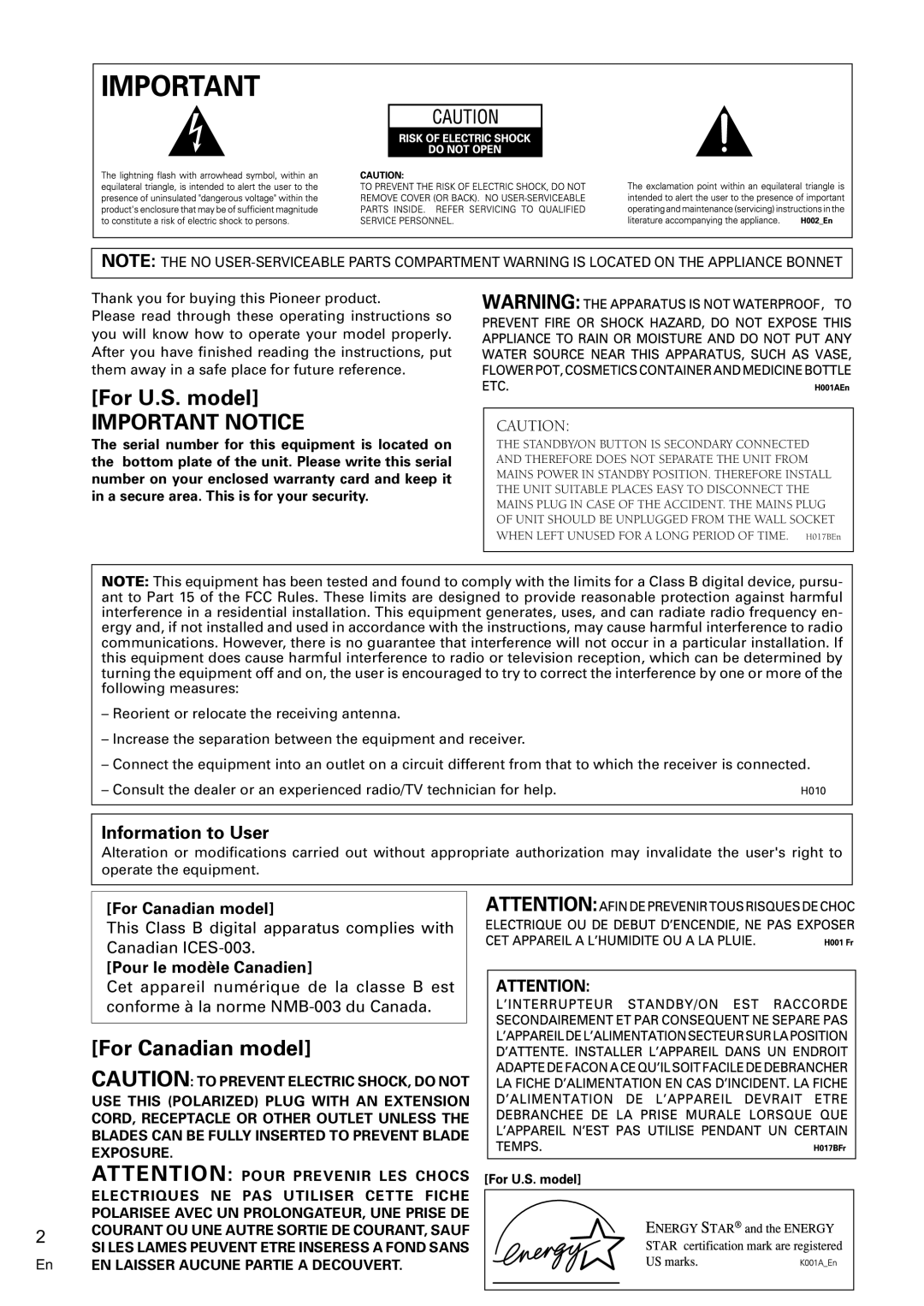 Pioneer VSX-C100-S operating instructions For U.S. model, For Canadian model 