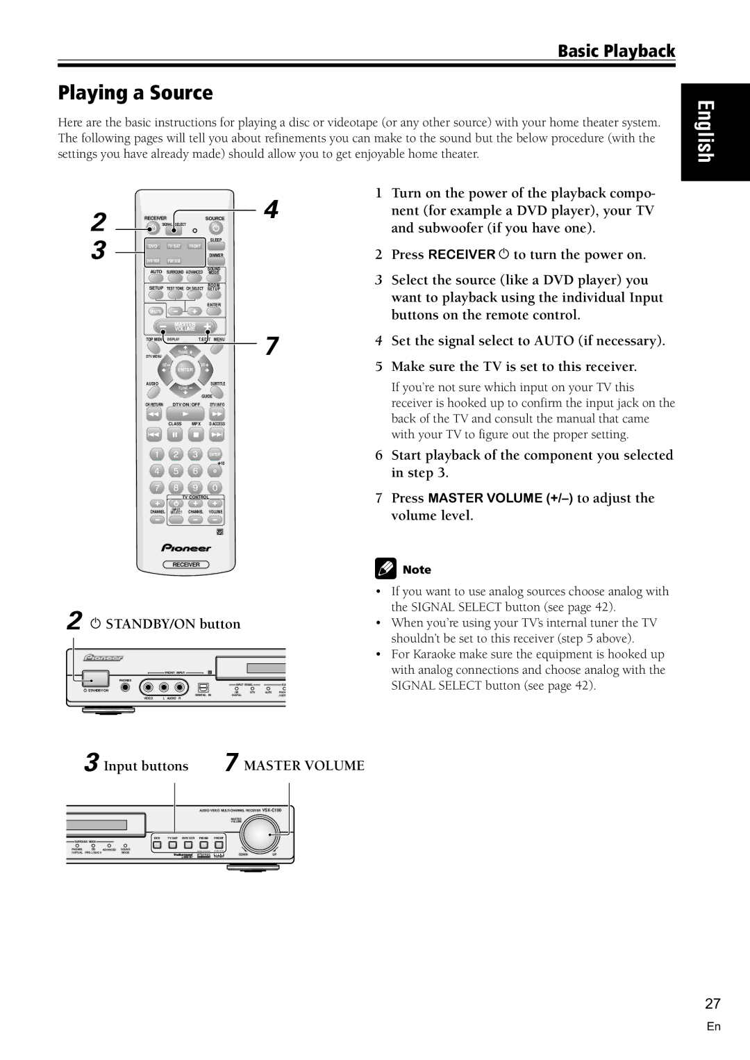 Pioneer VSX-C100-S Playing a Source, Basic Playback, Start playback of the component you selected in step, Input buttons 