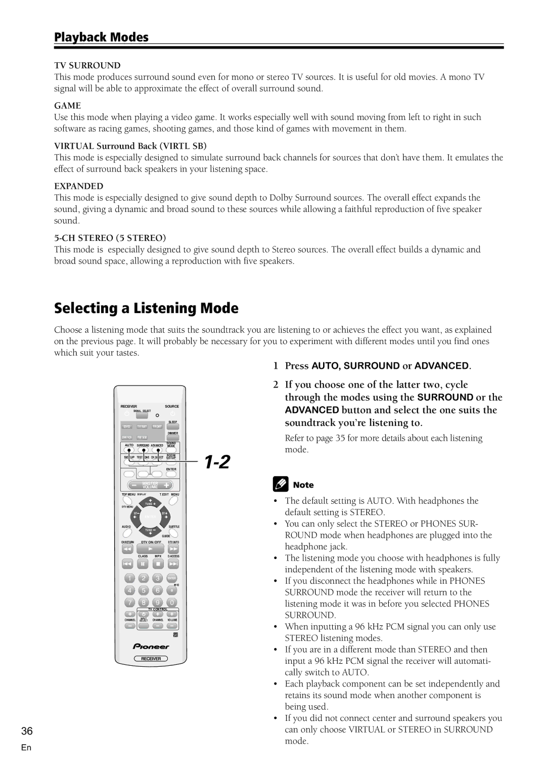 Pioneer VSX-C100-S operating instructions Selecting a Listening Mode, Playback Modes, Virtual Surround Back Virtl SB 