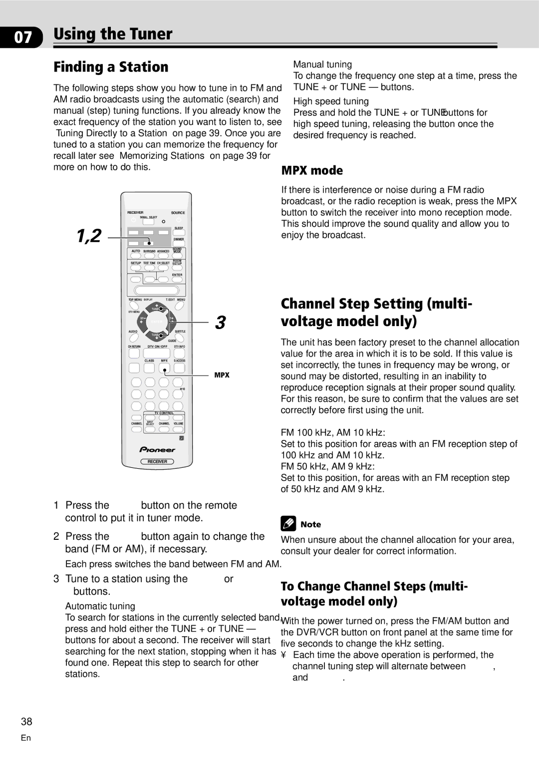 Pioneer VSX-C100-S Using the Tuner, Finding a Station, Channel Step Setting multi- voltage model only, MPX mode 