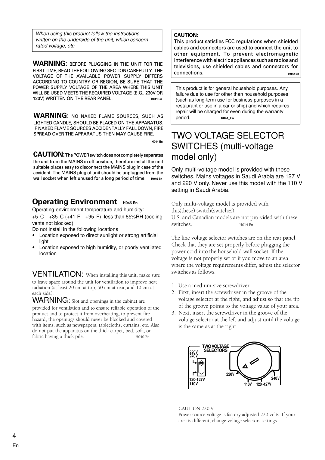 Pioneer VSX-C100-S TWO Voltage Selector Switches multi-voltage model only, Operating Environment H045 En 