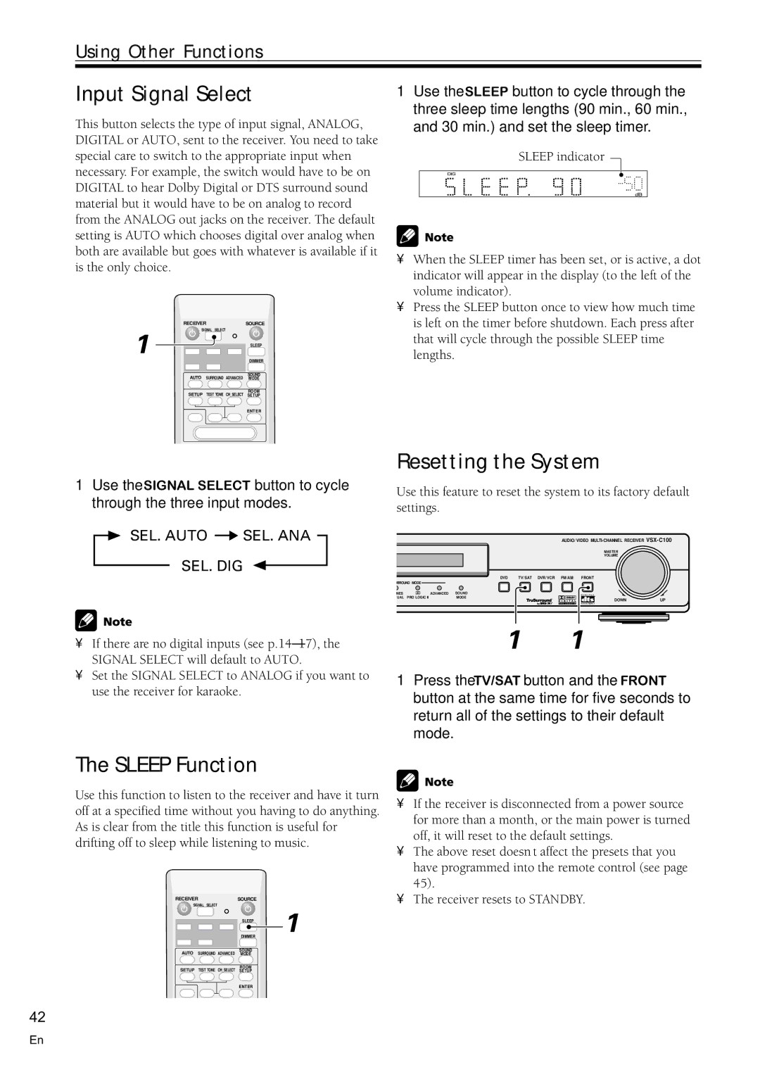 Pioneer VSX-C100-S Input Signal Select, Resetting the System, Sleep Function, Using Other Functions 