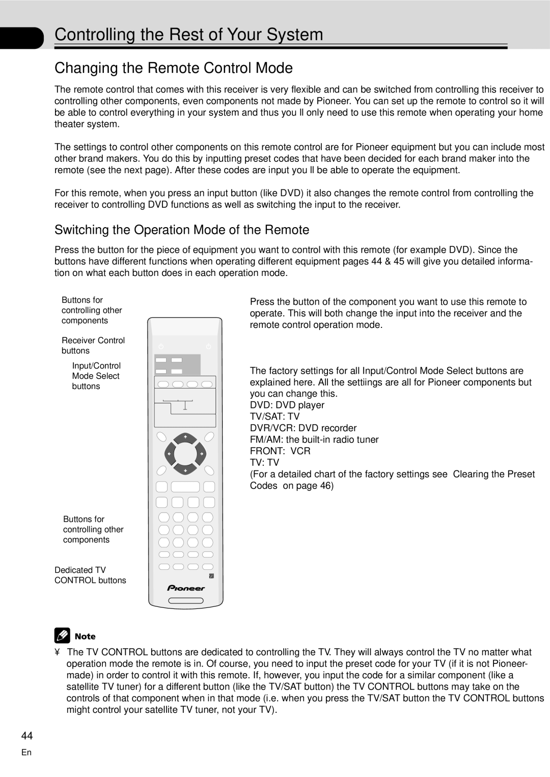 Pioneer VSX-C100-S operating instructions Controlling the Rest of Your System, Changing the Remote Control Mode 