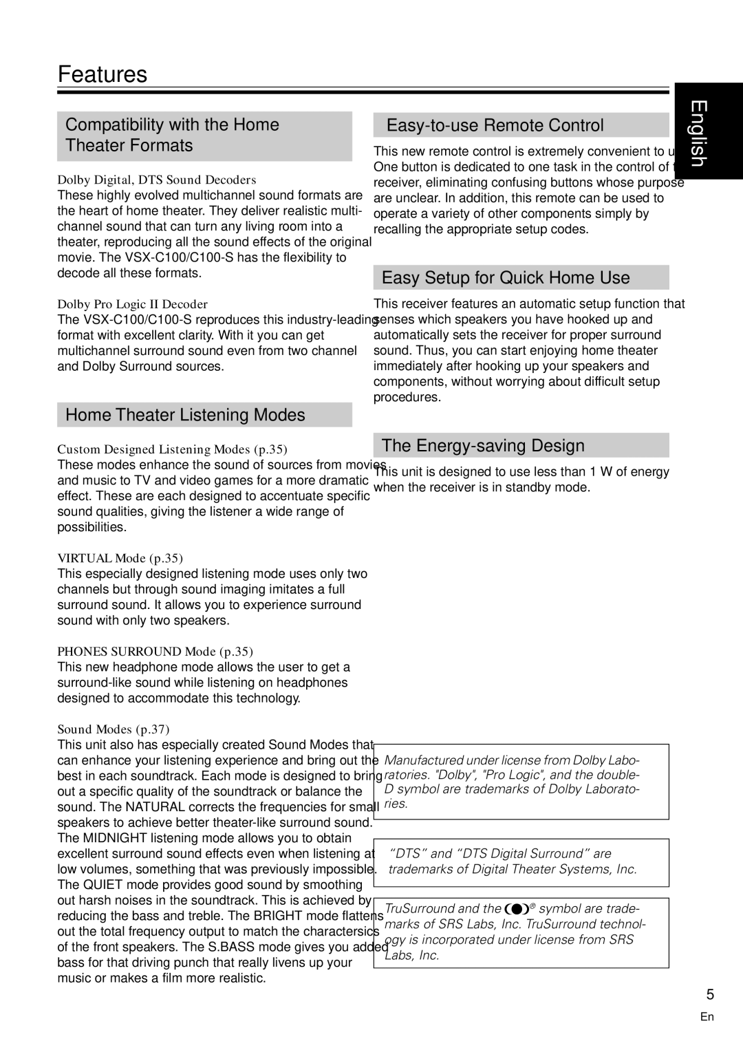 Pioneer VSX-C100-S operating instructions Features 