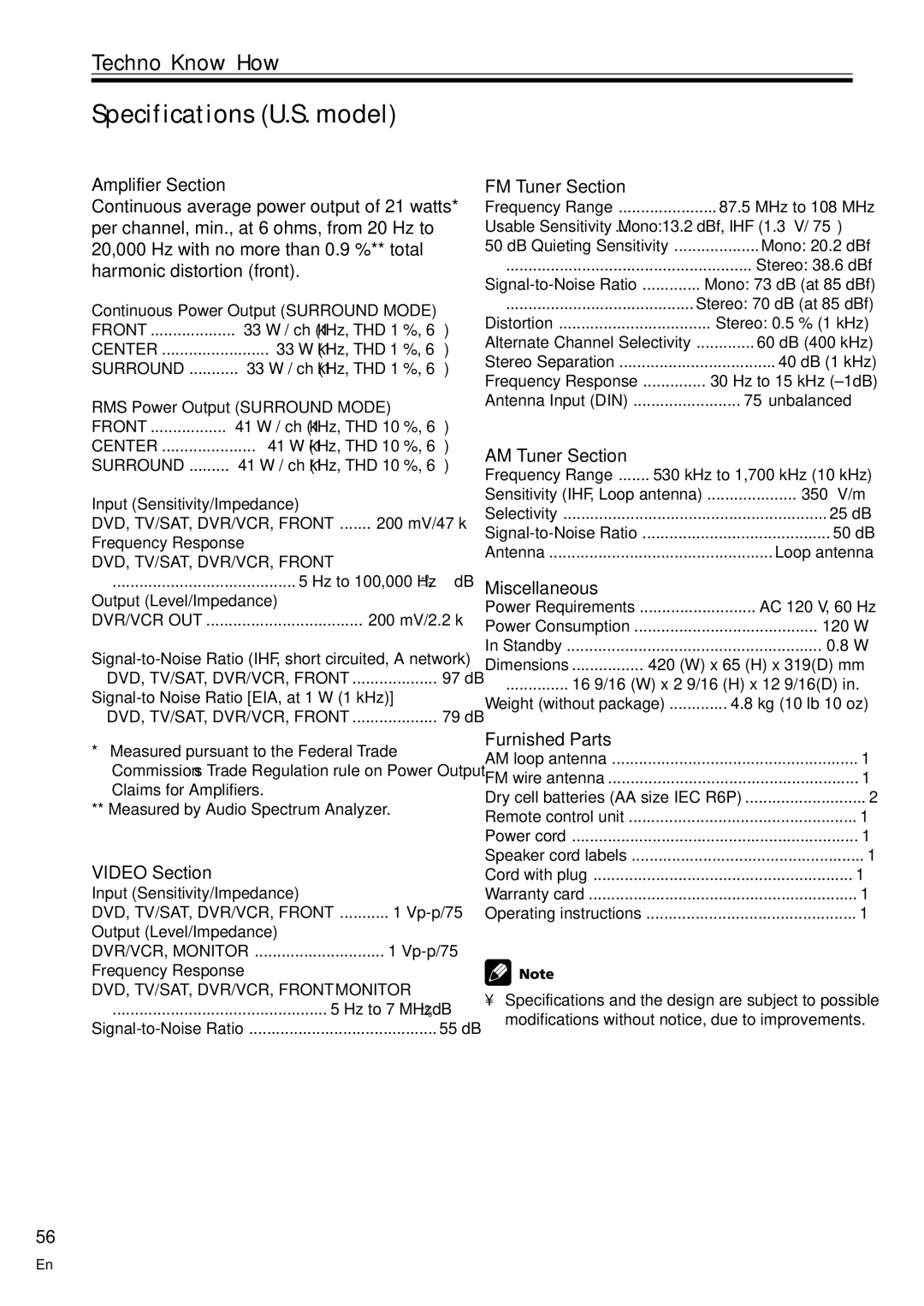 Pioneer VSX-C100-S operating instructions Specifications U.S. model 