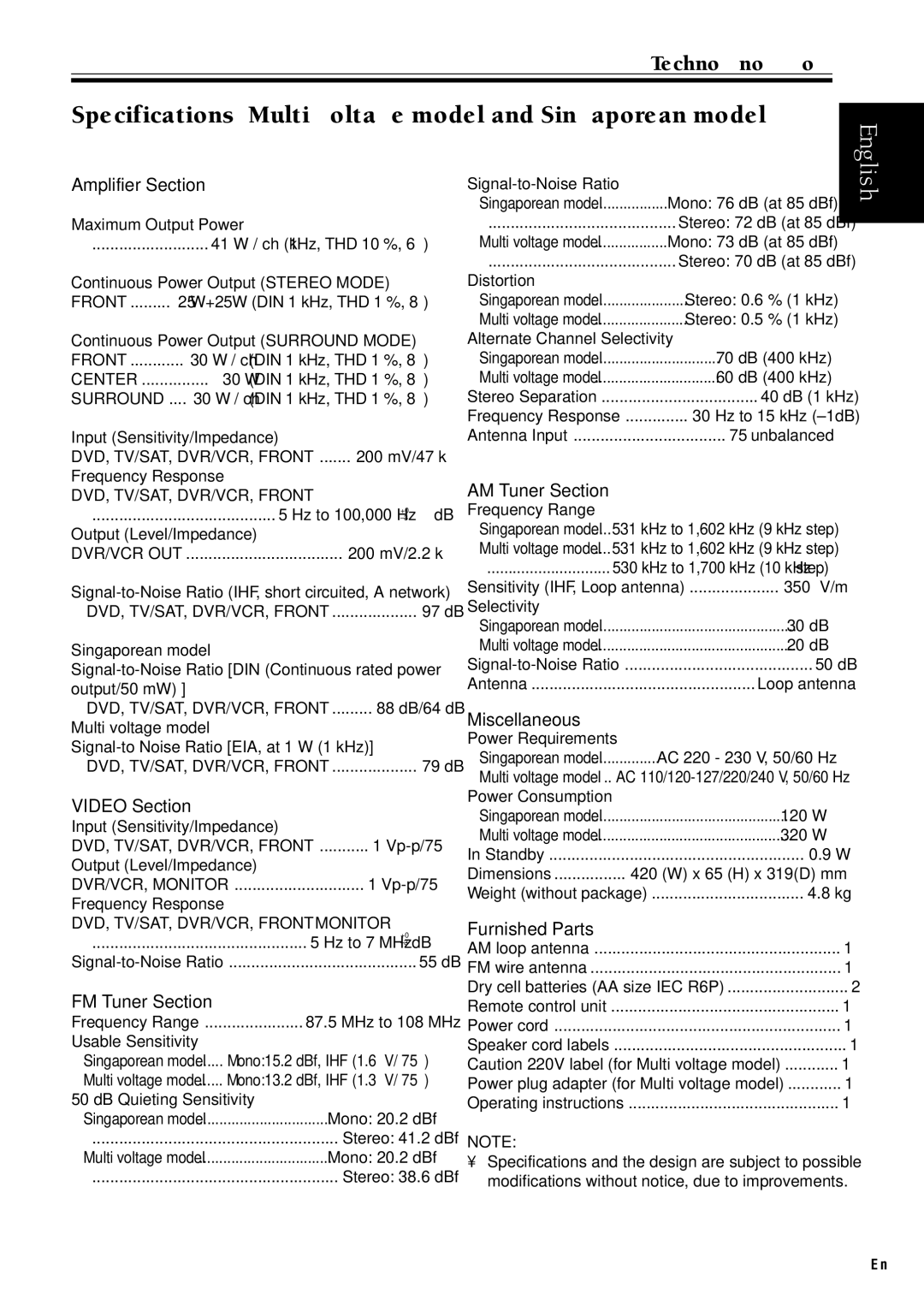 Pioneer VSX-C100-S operating instructions Specifications Multi voltage model and Singaporean model, Amplifier Section 