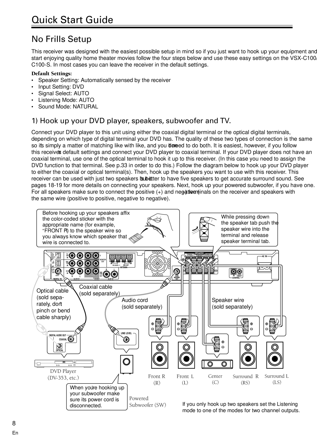 Pioneer VSX-C100-S No Frills Setup, Hook up your DVD player, speakers, subwoofer and TV, Default Settings 