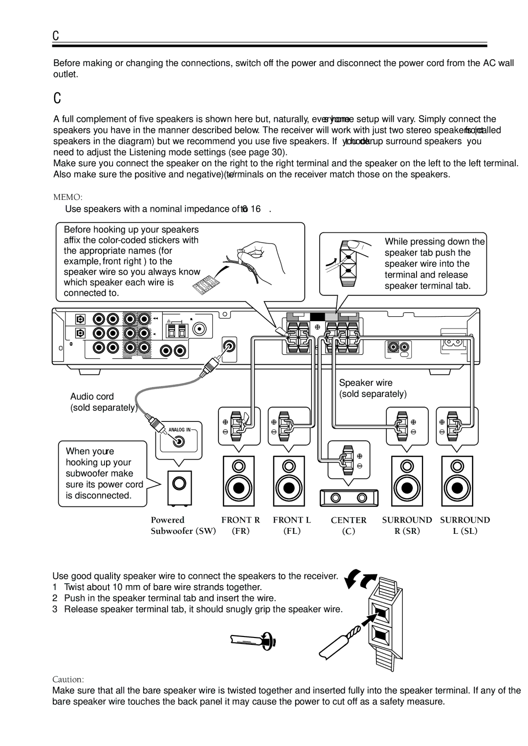 Pioneer VSX-C300-S manual Connecting Speakers, Speaker terminals 