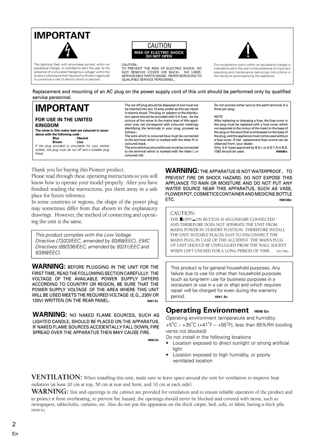 Pioneer VSX-C300-S manual Operating Environment H045 En, Risk of Electric Shock Do not Open 