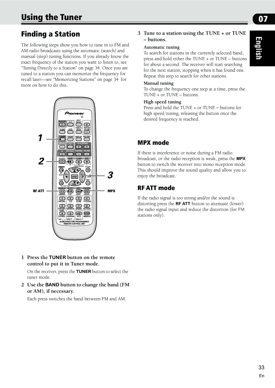 Pioneer VSX-C300-S manual Using the Tuner, Finding a Station, MPX mode, RF ATT mode 