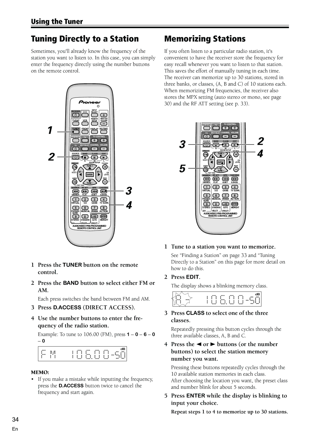 Pioneer VSX-C300-S manual Tuning Directly to a Station, Memorizing Stations, Using the Tuner 