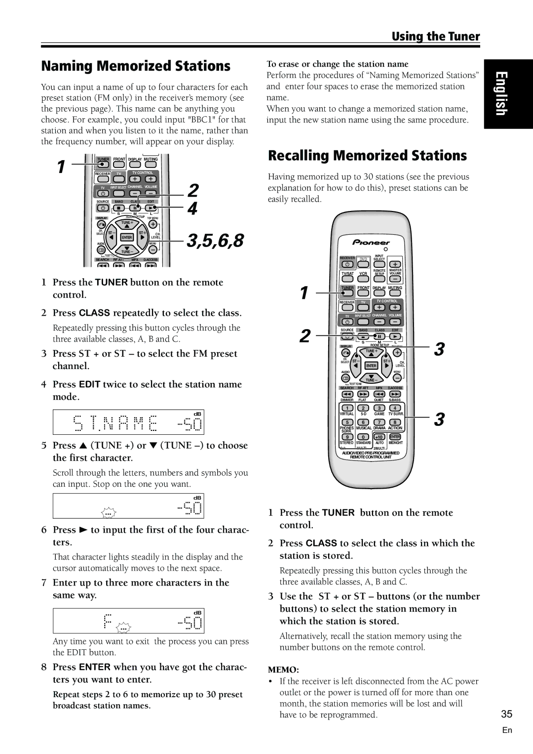 Pioneer VSX-C300-S manual Naming Memorized Stations, Recalling Memorized Stations, To erase or change the station name 