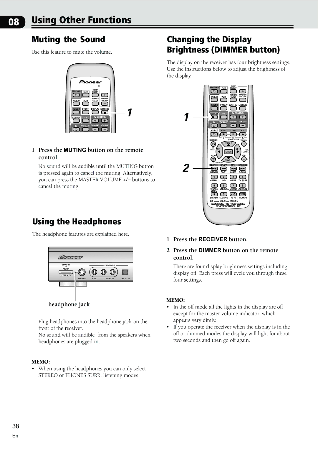 Pioneer VSX-C300-S manual Using Other Functions, Muting the Sound, Using the Headphones, Headphone jack 