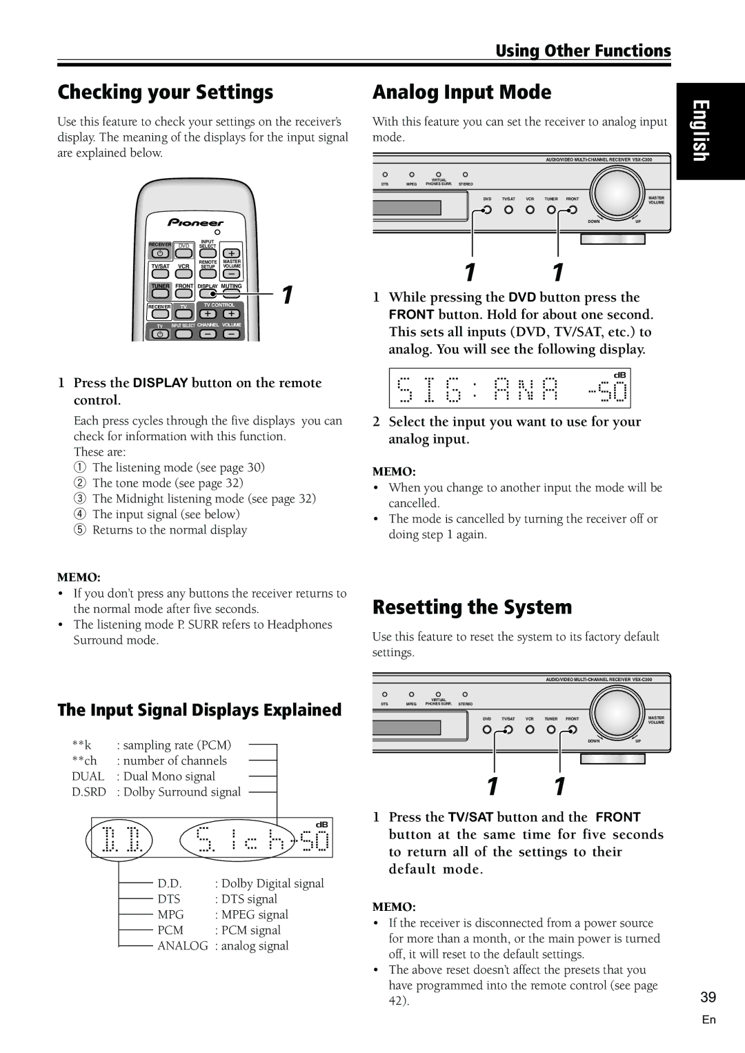 Pioneer VSX-C300-S manual Checking your Settings Analog Input Mode, Input Signal Displays Explained 